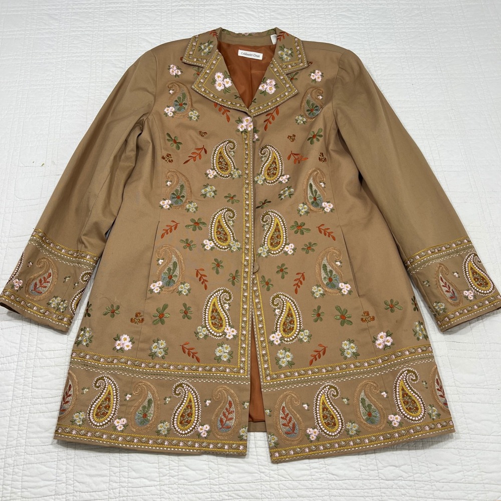 Coldwater Creek Women Tan Embroidered Paisley Floral Beaded Blazer Jacket 16 - Picture 2 of 7